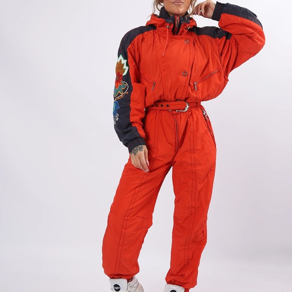 Vintage Head Red Ski Suit Floral Embroidery Sleeves - Womens 8
